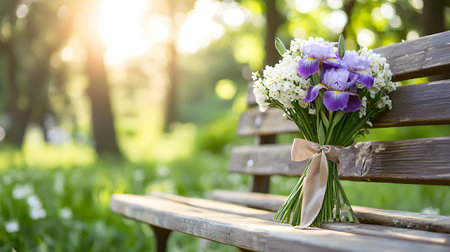 Bridal bouquet of purple irises and lilies of the valley on a bench in the parkの素材