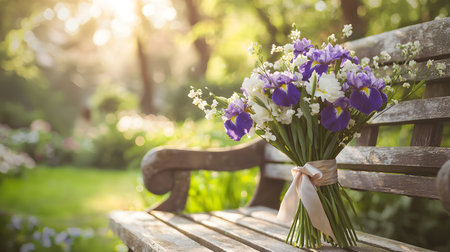 Bouquet of purple and white irises on the bench in the gardenの素材