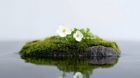 Small white flowers on green moss on a stone in the water.の素材