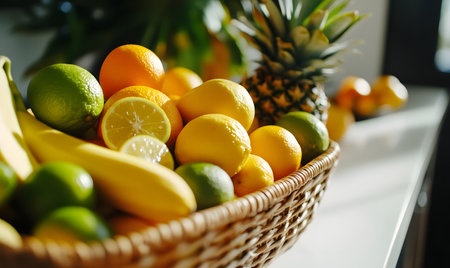Fruit basket with lemons, limes, oranges and bananasの素材