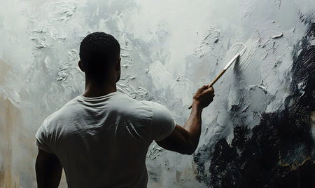 Painter with a paintbrush in his hand, painting on the wallの素材