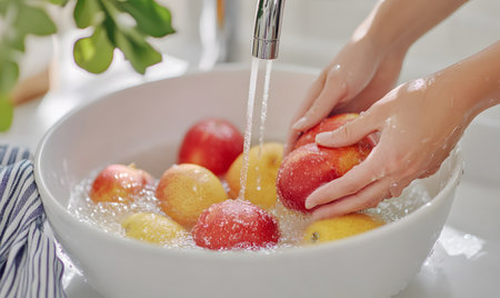 Woman washing fruits in bowl with water at home, closeup of handsの素材