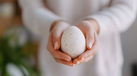 Close up of young woman holding white egg in her hands. Closeup of female hands holding easter egg.の素材