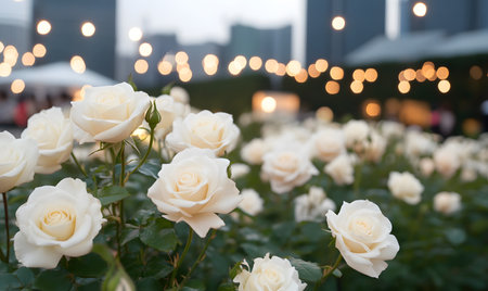 White roses in the garden with bokeh light background, stock photoの素材