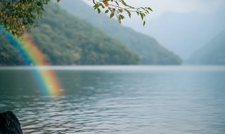 Rainbow over the lake in the morning, selective focus, nature backgroundの素材