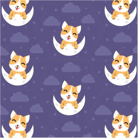 Dog Seamless Pattern Background, Happy dog with moon and stars, Cartoon Dog Vector illustration, wallpaperのイラスト素材