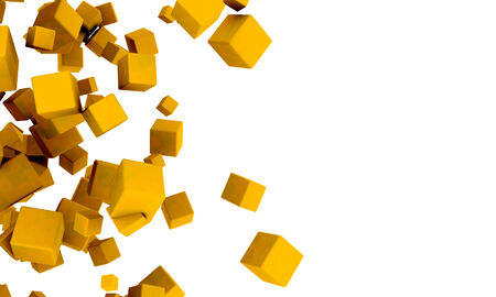 Abstract background of 3d yellow or golden cubes in different sizes tumbling across a white background with copyspace in a random patternの写真素材