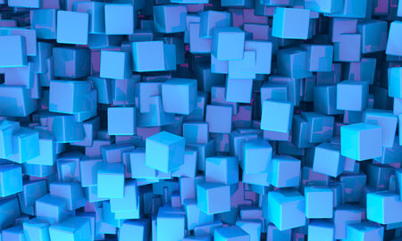 Abstract background of 3d blue cubes of different sizes in random orientations giving a scattered patternの写真素材