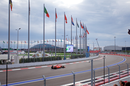 Sochi, Russia - October 11, 2015: Sebastian Vettel of Scuderia Ferrari F1 team racing at the race of Formula One Russian Grand Prix at Sochi Autodrom.のeditorial素材