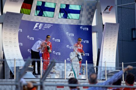 Top three finishers on the podium. Formula One. Sochi Russia.のeditorial素材