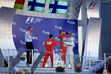 Top three finishers on the podium. Formula One. Sochi Russia.のeditorial素材