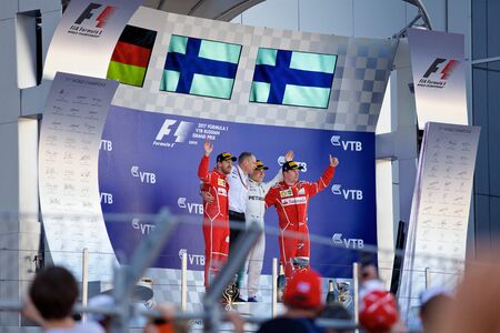 Top three finishers on the podium. Formula One. Sochi Russia.のeditorial素材