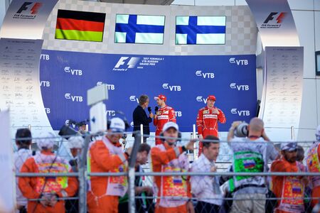 Top three finishers on the podium. Formula One. Sochi Russia.のeditorial素材