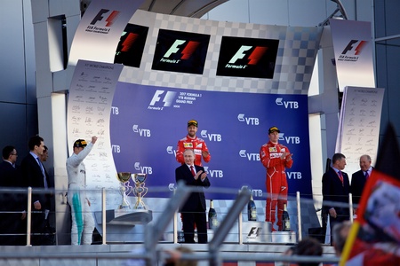 Top three finishers on the podium. Formula One. Sochi Russia.のeditorial素材