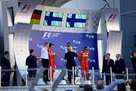 Top three finishers on the podium. Formula One. Sochi Russia.のeditorial素材