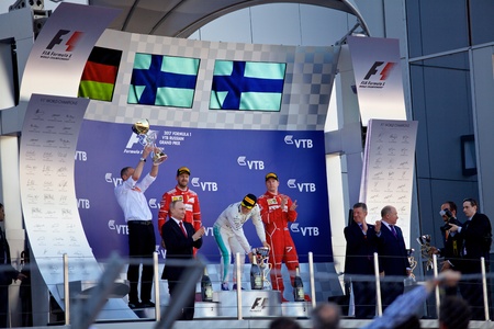 Top three finishers on the podium. Formula One. Sochi Russia.のeditorial素材