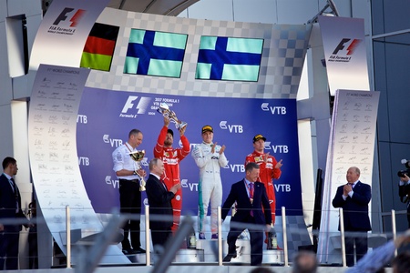 Top three finishers on the podium. Formula One. Sochi Russia.のeditorial素材