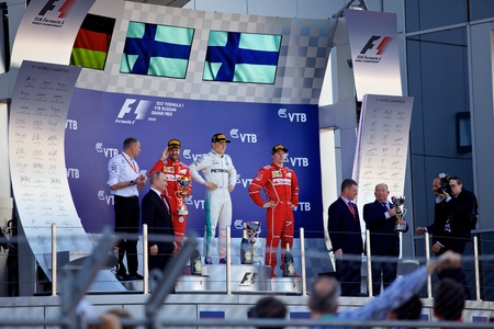 Top three finishers on the podium. Formula One. Sochi Russia.のeditorial素材