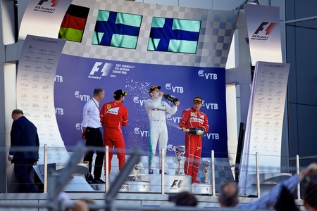 Top three finishers on the podium. Formula One. Sochi Russia.のeditorial素材