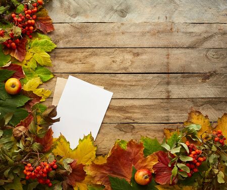 Autumn composition of colored leaves. Frame of autumn decor Poster card with yellow leaves on a wooden background. Flat lay, top view, copy spaceの写真素材