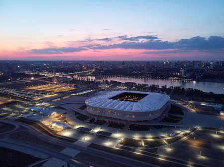 Aerial view of stadium Rostov Arena in the evening. Beautiful sunset. City viewのeditorial素材