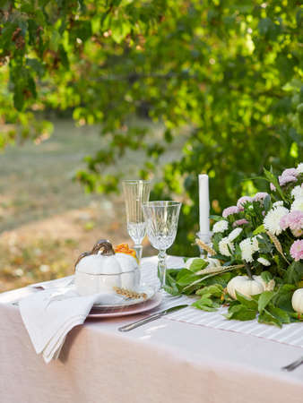 Table setting with beautiful autumn decorand with white mini pumpkinsの写真素材
