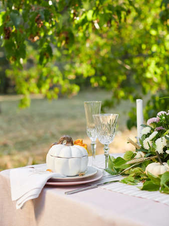 Table setting with beautiful autumn decorand with white mini pumpkinsの写真素材