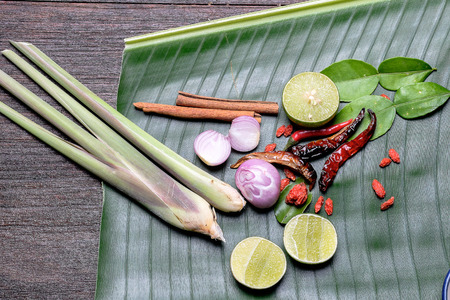 Asian seasoning on banan leaf and wood.の写真素材
