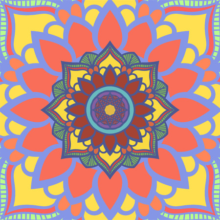 Colored Mandala background. Vintage decorative elements. Oriental pattern,  illustration. Islam, Arabic, Indian, moroccan,spain, turkish, pakistan, chinese, mystic, ottoman motifs.のイラスト素材