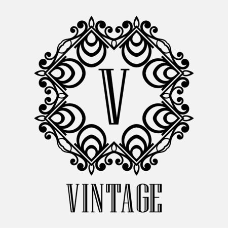 Vintage ornamental lettering with a round frame with swirl elementsのイラスト素材