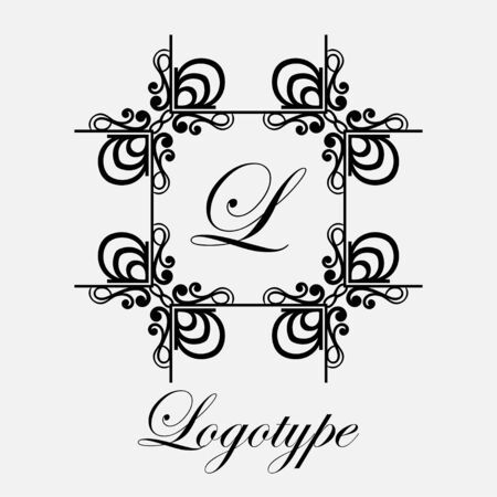 Illustration of logotype ornamental lettering with a square frame with swirl elementsのイラスト素材