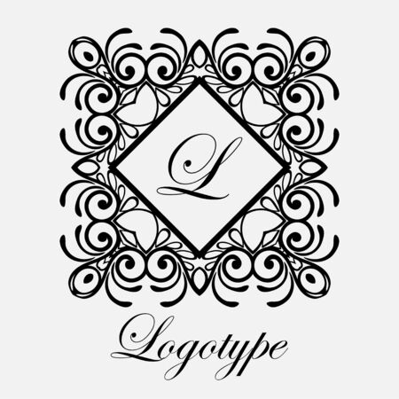 Illistration of logotype ornamental monogram ina diamond shaped frame with swirl elementsのイラスト素材