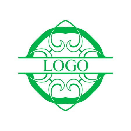 Flourishes calligraphic art deco logo emblem template with place for text. Luxury elegant deco ornamental logo design. Vector illustrationのイラスト素材