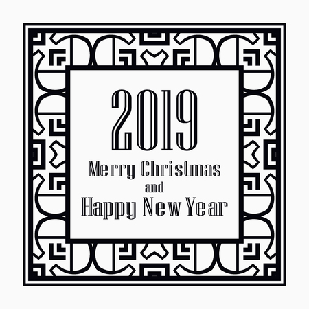 Art deco border and frame. Merry Christmas and Happy New Year greeting card. 2019 year. Creative template in style of 1920s for your design. Vector illustration. EPS 10のイラスト素材