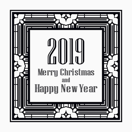 Art deco border and frame. Merry Christmas and Happy New Year greeting card. 2019 year. Creative template in style of 1920s for your design. Vector illustration. EPS 10のイラスト素材