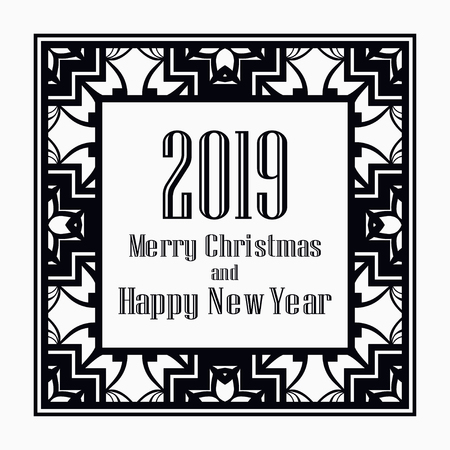 Art deco border and frame. Merry Christmas and Happy New Year greeting card. 2019 year. Creative template in style of 1920s for your design. Vector illustration. EPS 10のイラスト素材