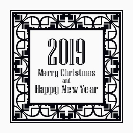 Art deco border and frame. Merry Christmas and Happy New Year greeting card. 2019 year. Creative template in style of 1920s for your design. Vector illustration. EPS 10のイラスト素材