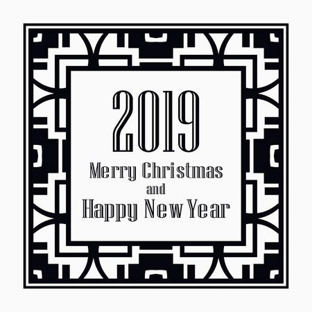 Art deco border and frame. Merry Christmas and Happy New Year greeting card. 2019 year. Creative template in style of 1920s for your design. Vector illustration. EPS 10のイラスト素材
