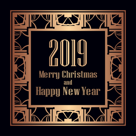 Art deco border and frame. Merry Christmas and Happy New Year greeting card. 2019 year. Creative template in style of 1920s for your design. Vector illustration. EPS 10のイラスト素材