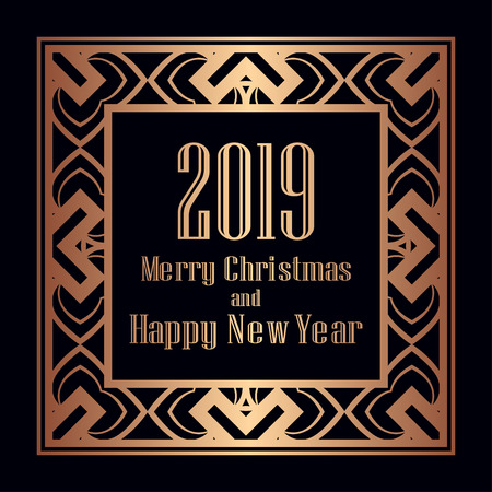 Art deco border and frame. Merry Christmas and Happy New Year greeting card. 2019 year. Creative template in style of 1920s for your design. Vector illustration. EPS 10のイラスト素材