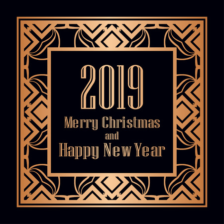 Art deco border and frame. Merry Christmas and Happy New Year greeting card. 2019 year. Creative template in style of 1920s for your design. Vector illustration. EPS 10のイラスト素材