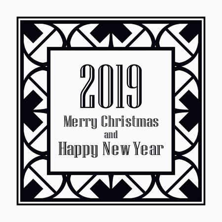 Art deco border and frame. Merry Christmas and Happy New Year greeting card. 2019 year. Creative template in style of 1920s for your design. Vector illustration. EPS 10のイラスト素材