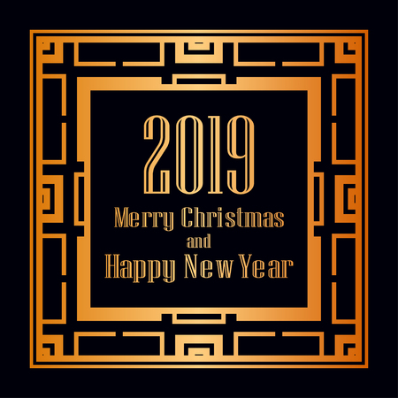 Art deco border and frame. Merry Christmas and Happy New Year greeting card. 2019 year. Creative template in style of 1920s for your design. Vector illustration. EPS 10のイラスト素材