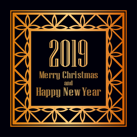 Art deco border and frame. Merry Christmas and Happy New Year greeting card. 2019 year. Creative template in style of 1920s for your design. Vector illustration. EPS 10のイラスト素材