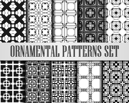 Art Deco Patterns Set. Black and White backgrounds. Fan scales ornaments. Geometric decorative digital papers. Vector line design. 1920-30s motifs. Luxury vintage illustrationのイラスト素材