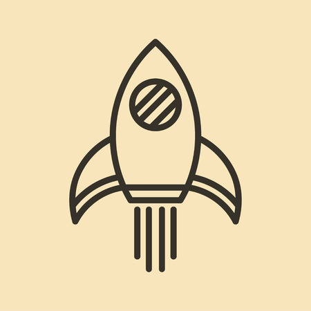 Rocket ship with fire flat line icon. Vector illustration with flying rocket. Space travel. Project start up sign. Creative idea symbolのイラスト素材
