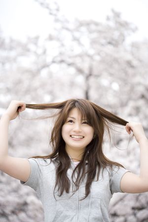 Cherry tree and womanの写真素材