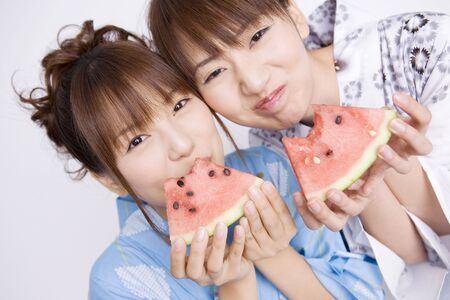 Japanese girls wearing yukataの写真素材