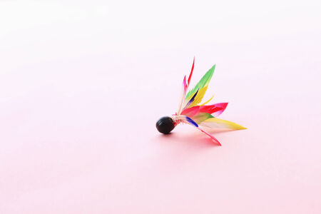 A colorful feather of battledore on the floor.の写真素材