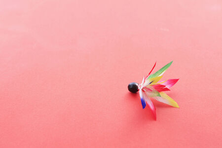 A colorful feather of battledore on the floor.の写真素材